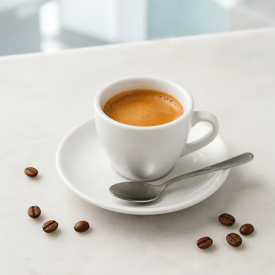 Espresso σε λευκό φλιτζάνι, με πλούσια κρέμα.